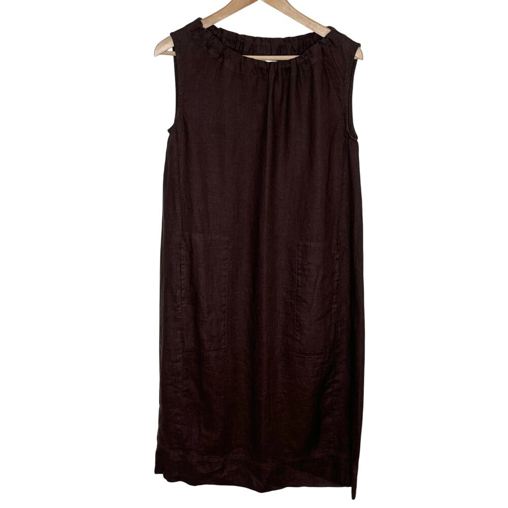 Flax Linen Midi Dress Womens P Brown Sleeveless Pockets Lagenlook Minimalist